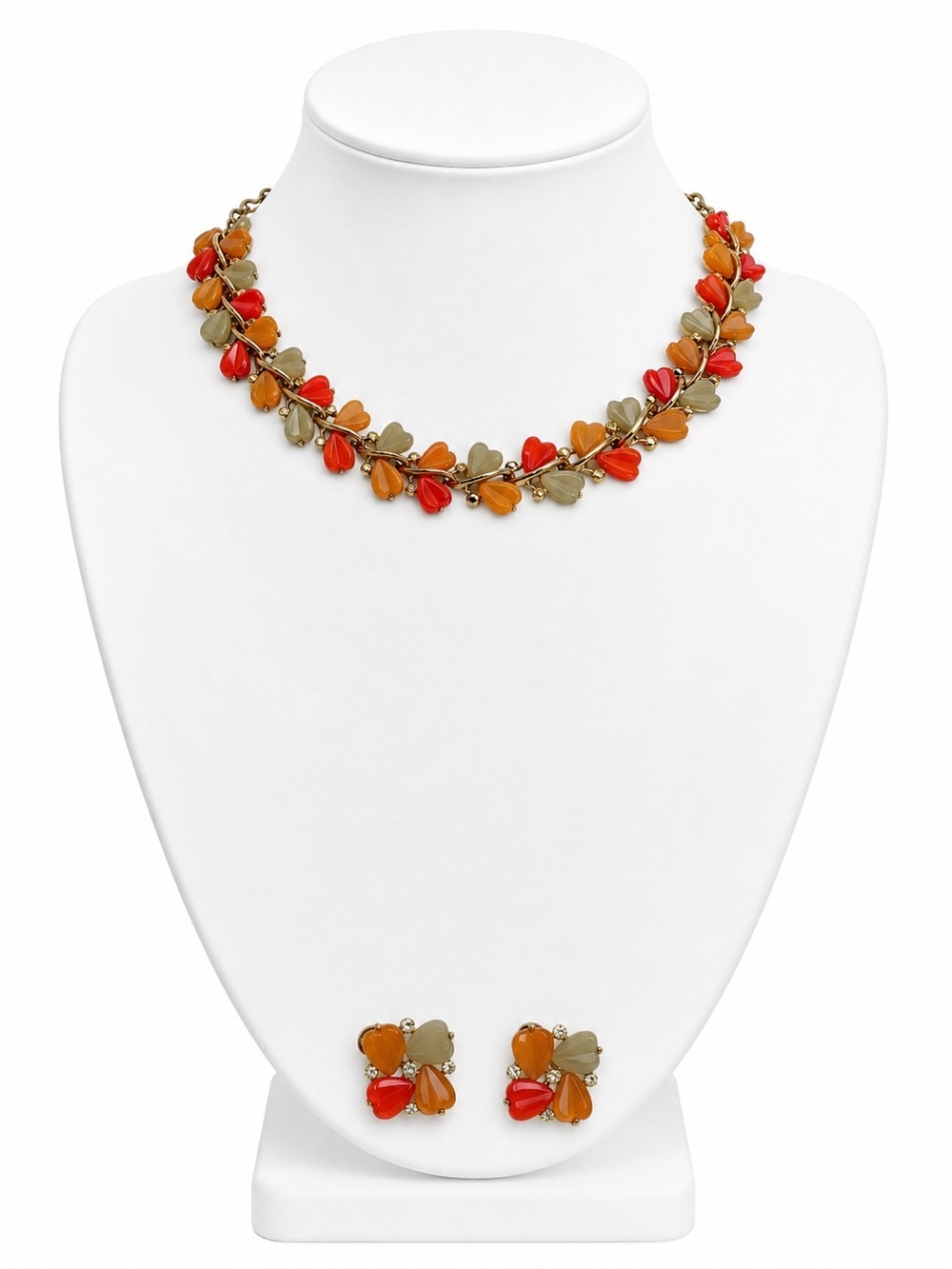 Vintage Lisner Choker Necklace & Clip On Earrings Set Orange Green Leaves Mcm